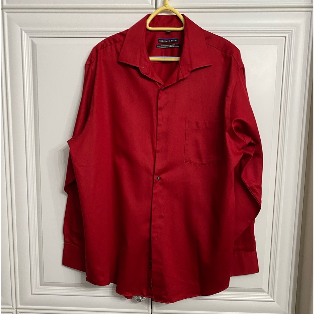 WORN ONCE MEN’S GEOFFREY BEENE RED LONG SLEEVE DRESS SHIRT NO IRON 17 1/2 34/35